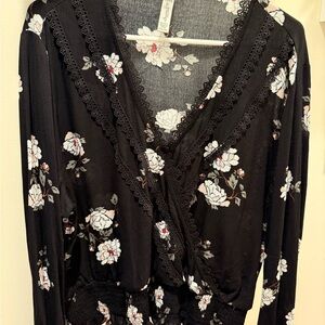 American Rag Black Floral Lace-Trim Wrap Blouse